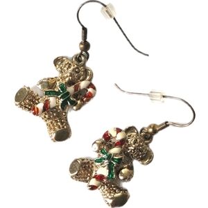 Vintage Christmas Holiday Teddy Bear Enamel Gold Tone Fish Hook Earrings